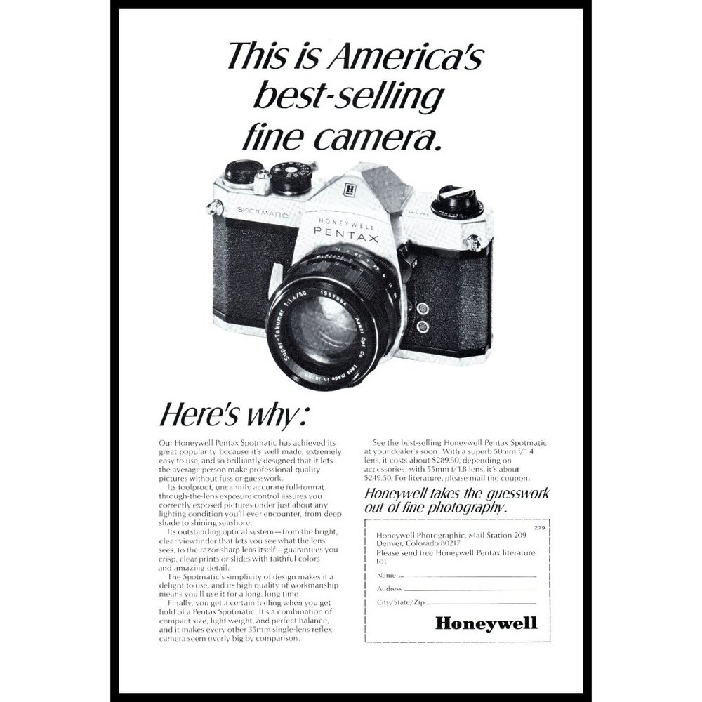 1968 Honeywell Pentax Spotmatic SLC Camera Vintage Print Ad Film Photography Art